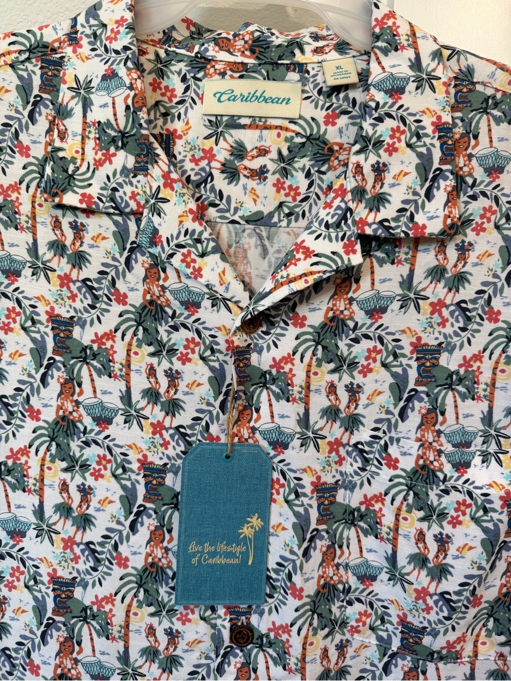 Caribbean White Short Sleeve Tropical Print Button-Down Shirt - Picture 2 of 3